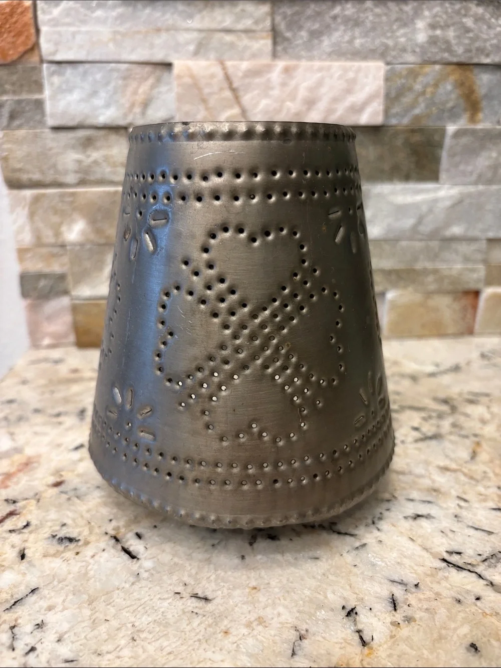 Vintage Perforated Rustic Metal Tin Candle Lamp Shade Shamrock heart pattern